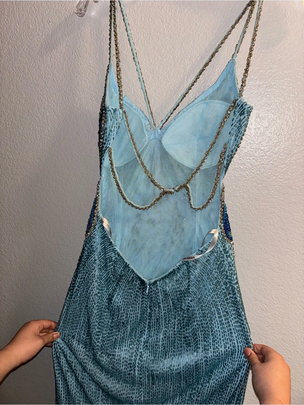 Sherri Hill Blue Iridescent Butterfly Bodice Evening Gown - Picture 5 of 9